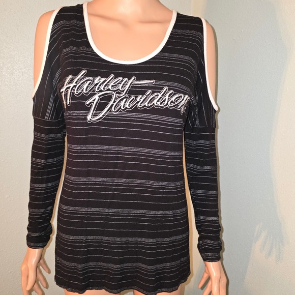 Harley Davidson Cold Shoulder Top Striped Long Sleeve T-Shirt Womens Langley, BC - Picture 1 of 9